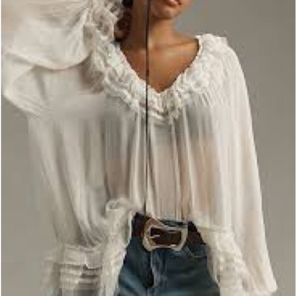 By Anthropologie Elegant White Sheer Ruffled Ribbon Women's Top
